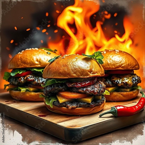 Cheeseburgers fire flame with burger photo