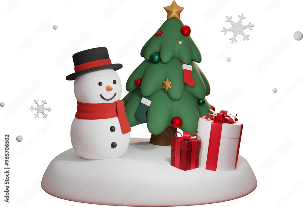 Christmas tree with snowman and gift box 3D graphic Christmas tree with snowman and gift box 3D graphic