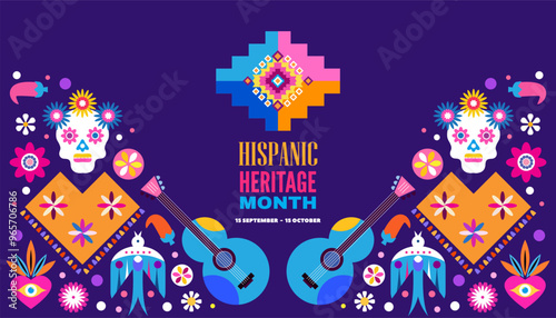 National hispanic heritage month banner with latin geometrical patterns, mexican flowers, guitar Art poster cultural traditions Vector illustration template flat background