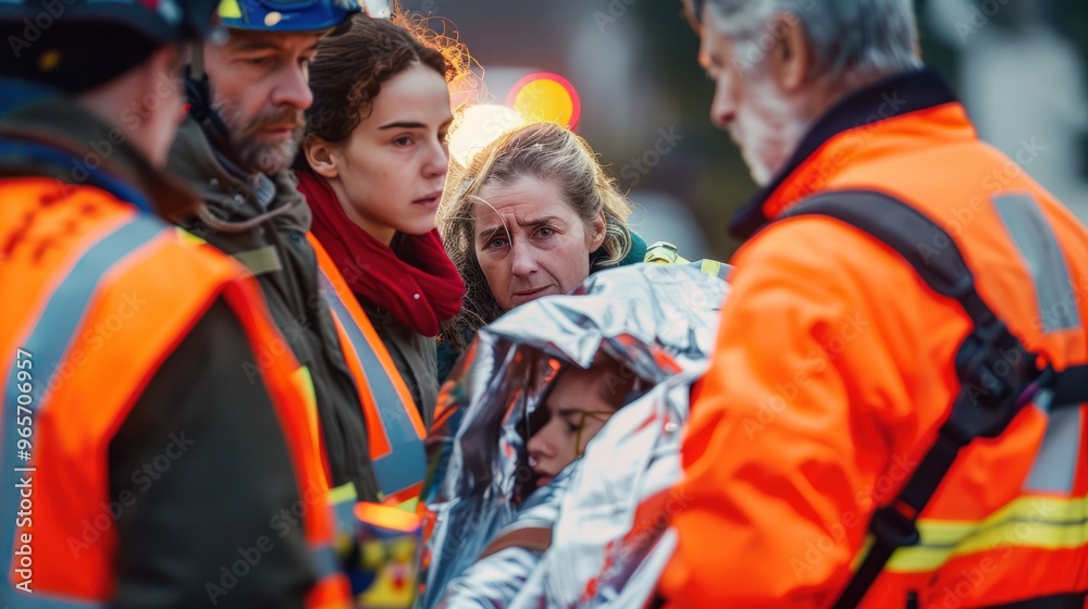 Accident victims being assisted by emergency responders, covered in blankets