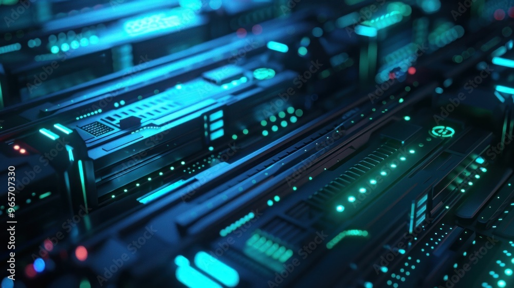Naklejka premium Futuristic server room with glowing blue and green LED lights, showcasing advanced technology in a dark environment