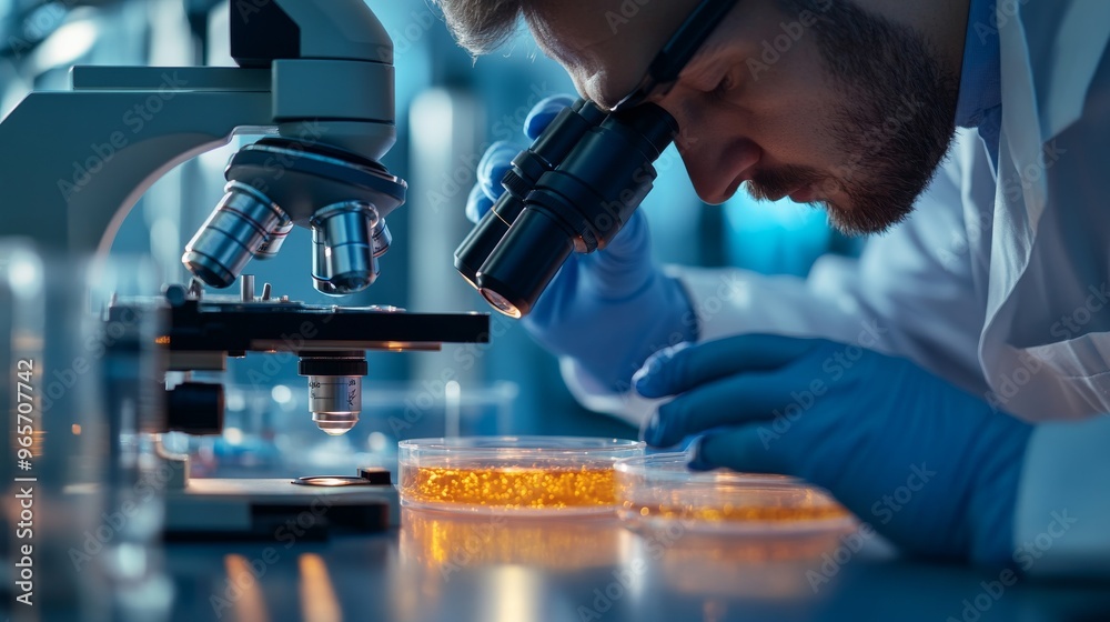 A scientist observing a biological experiment with a microscope, Petri dishes, and living cells, intense focus. A scientist observing a biological experiment with a microscope, Petri dishes, and living cells, intense focus.