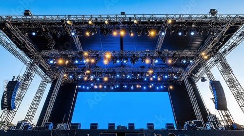 Stage modern rigging large outdoor concert with beam lights sound system and blue blank screen mockup material background wallpaper AI generated image