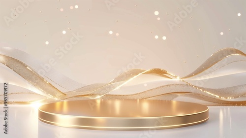Elegant Gold Podium with Curved Lights and Glowing Particles - Perfect for Award or Luxury Product Display
