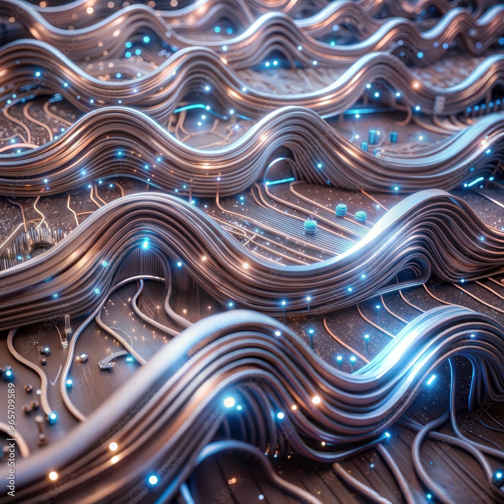 Abstract wave pattern with glowing lights on a textured surface Abstract wave pattern with glowing lights on a textured surface