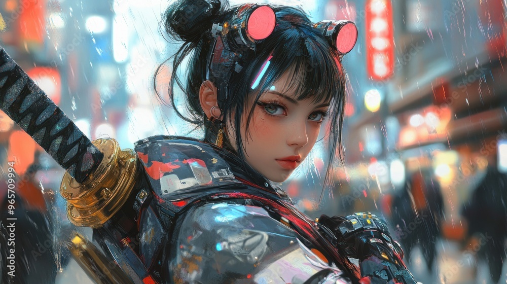 Obraz premium Young woman asian cyberpunk technology ninja cyborg futuristic character background wallpaper AI generated image