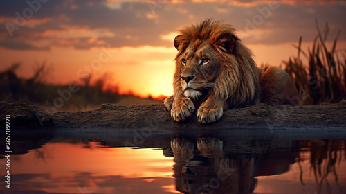 lion sits by a still pond at sunset