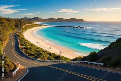 December, 2019: Panoramic view of the road along the Rainbow Bay Beach, one of the most popular beaches on the Gold Coast, Queensland, Australia.