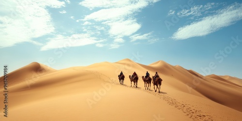 A stunning view of camels trekking across golden sand dunes under a bright blue sky with scattered clouds.