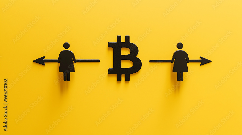 bitcoin transaction on yellow background. black arrows with people icons representing the value transaction of bitcoin on the blockchain bitcoin transaction on yellow background. black arrows with people icons representing the value transaction of bitcoin on the blockchain