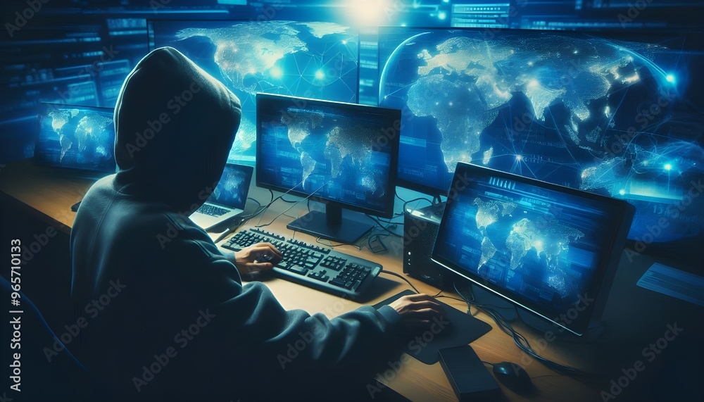 Hacker working on multiple computers with a digital world map overlay. Hacker working on multiple computers with a digital world map overlay.