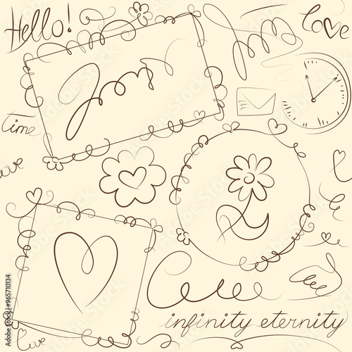Vector seamless pattern - outline careless sketch elements: frames with squiggles and curls, hearts, stylized dove, envelope, flower, clock, inscriptions, scribbles, decorative elements.