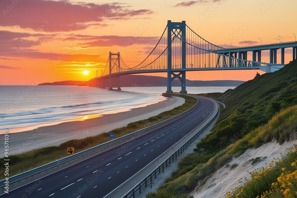 Fototapeta premium Road landscape at sunset on the beach. 