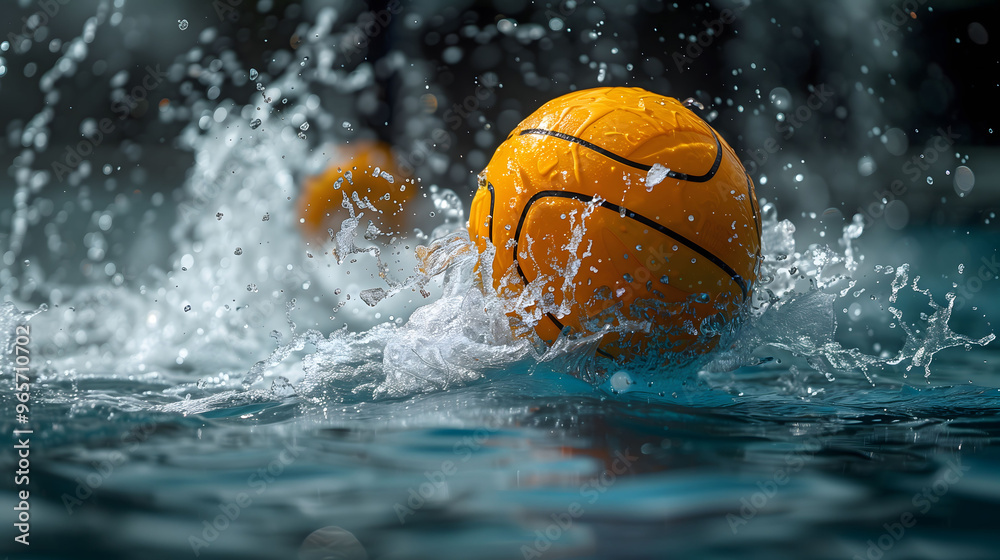 Yellow water polo ball creating splashing water Yellow water polo ball creating splashing water