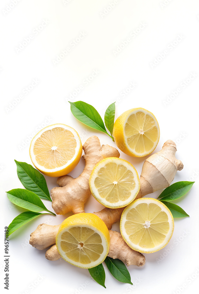 Lemon and ginger on an isolated background, lemon slices on an isolated background, lemon with leaves Lemon and ginger on an isolated background, lemon slices on an isolated background, lemon with leaves