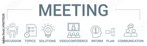 Meeting concept banner icon contain of discussion, topics, solution, videoconference, inform, plan, and communication vector illustration