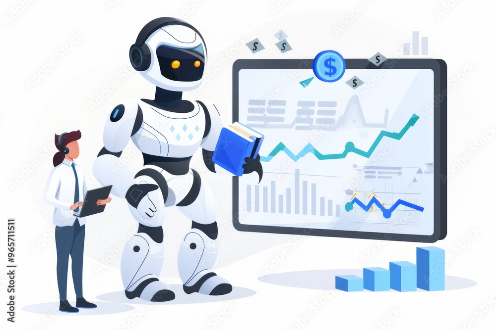 A robot assistant and a professional analyzing business data on a digital screen in a modern office setting A robot assistant and a professional analyzing business data on a digital screen in a modern office setting