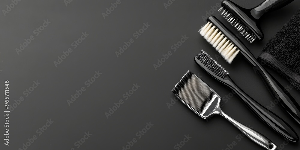 Close-up of traditional barber tools on a black surface, creating a moody, minimalist aesthetic perfect for barbershop branding and grooming services Close-up of traditional barber tools on a black surface, creating a moody, minimalist aesthetic perfect for barbershop branding and grooming services