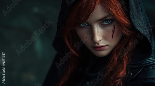 A medieval woman assassin medieval warrior character red hair wearing a hood background wallpaper AI generated image