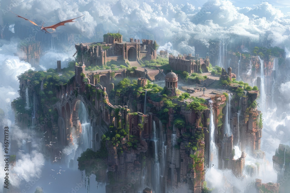 Fototapeta premium A breathtaking floating island with ancient ruins surrounded by cascading waterfalls and ethereal clouds in a mystical landscape