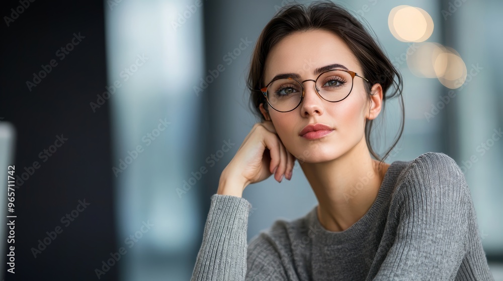 Confident businesswoman sitting at her desk in a modern office, looking away thoughtfully, symbolizing leadership, success, and professional growth Confident businesswoman sitting at her desk in a modern office, looking away thoughtfully, symbolizing leadership, success, and professional growth