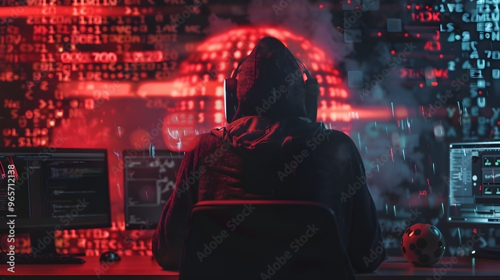 Hooded Hacker Silhouette Infiltrating Futuristic Digital Network with Glowing Neon Lights and Cybersecurity Threat