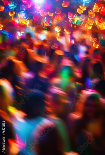 Blurred crowd dancing and celebrating at a New Year's Eve party, with colorful lights creating a lively atmosphere