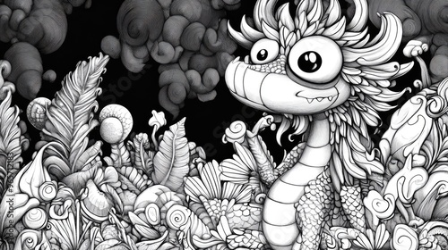 Wallpaper Mural Black and white 2D cartoon illustration of a whimsical fantasy character ideal for a coloring book Torontodigital.ca