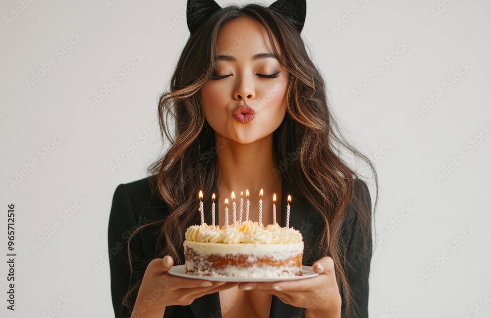 Elegant woman blowing out candles on birthday cake, wearing black blazer dress and cat ears Elegant woman blowing out candles on birthday cake, wearing black blazer dress and cat ears