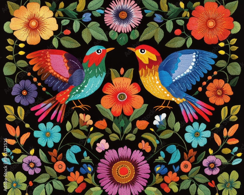 Vibrant Traditional Textile Embroidery Inspired by Mexican Culture Floral Composition Featuring Birds with Ample Copy Space 2D Cartoon Style Vibrant Traditional Textile Embroidery Inspired by Mexican Culture Floral Composition Featuring Birds with Ample Copy Space 2D Cartoon Style