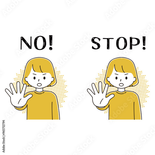 STOP & NO 身体の前に手を突き出して拒否する女性のイラストセット