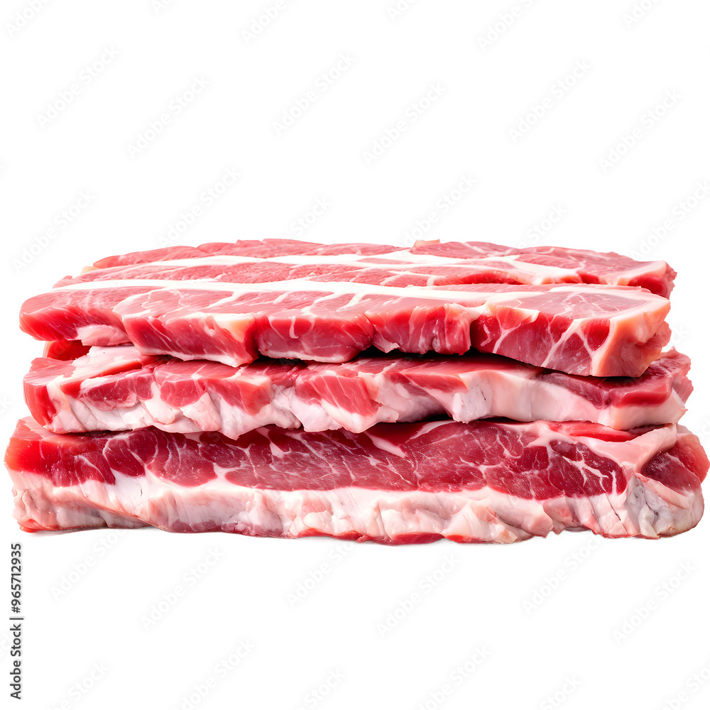 Raw marbled pork meat on display in the store, isolated transparent
Raw marbled pork meat on display in the store, isolated transparent