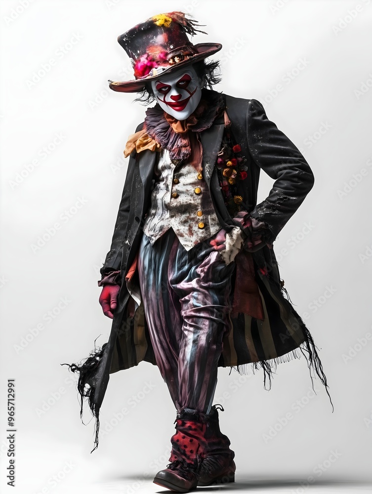 Fototapeta premium Creepy Circus Clown in Vintage Costume with Top Hat and Sinister Makeup - Spooky Halloween Character for Horror, Thriller, and Dark Carnival Themes