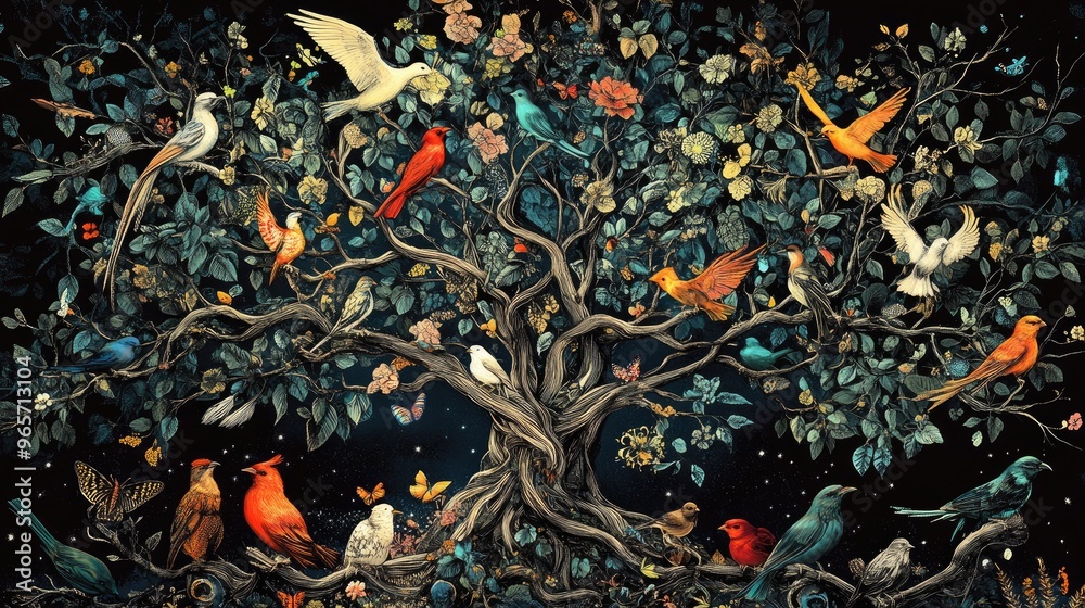 Fantasy tree with intricate branches roots and leaves featuring diverse bird creatures A striking poster filled with vibrant details Fantasy tree with intricate branches roots and leaves featuring diverse bird creatures A striking poster filled with vibrant details