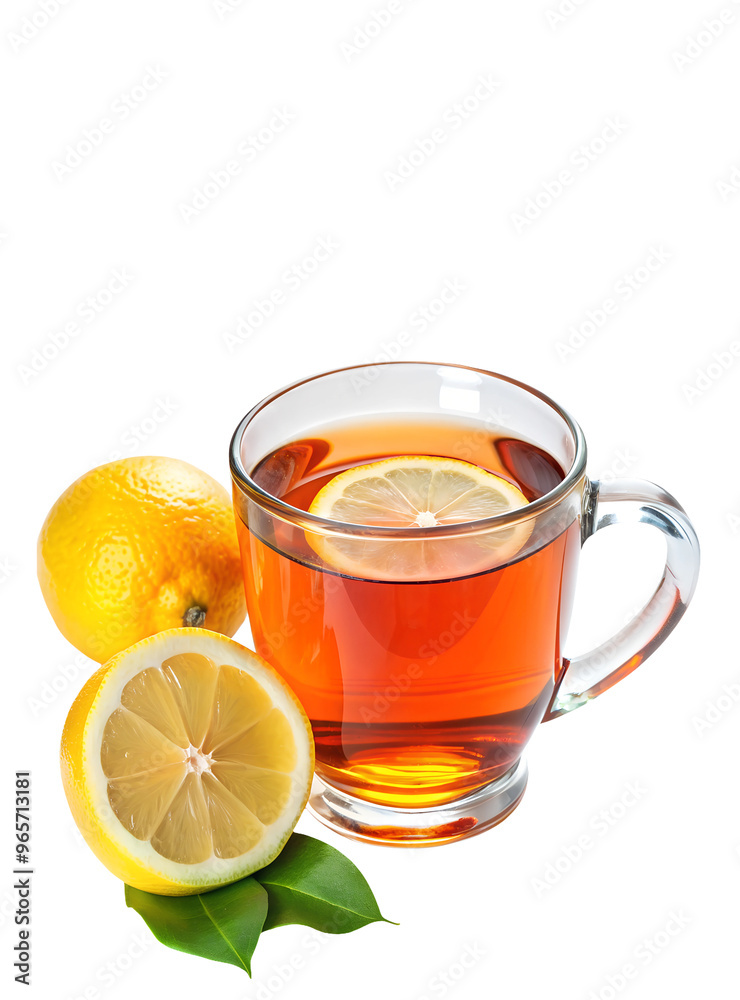 Tea with lemon in a glass mug on an isolated background, and lemon slices next to it Tea with lemon in a glass mug on an isolated background, and lemon slices next to it