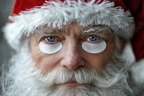 A man dressed as Santa Claus wears eye patches to hydrate his skin, preparing for holiday festivities with a thoughtful expression and bright blue eyes