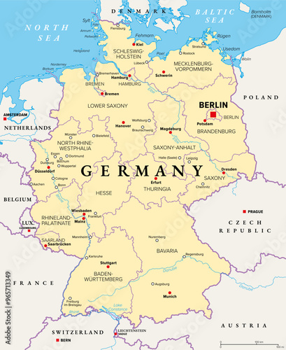 Germany, a country in Central Europe with capital Berlin, political map. The Federal Republic of Germany, with its 16 constituent states, their capitals, and largest cities, and neighbor countries.