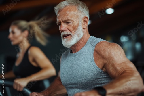 A fit older man and another person workout diligently on treadmills at a gym, emphasizing fitness, health, and determination in maintaining an active lifestyle regardless of age. photo