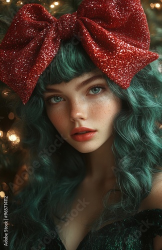 Beautiful green-haired woman in oversized red glitter bow, dark green furtrimmed dress beside Christmas tree photo