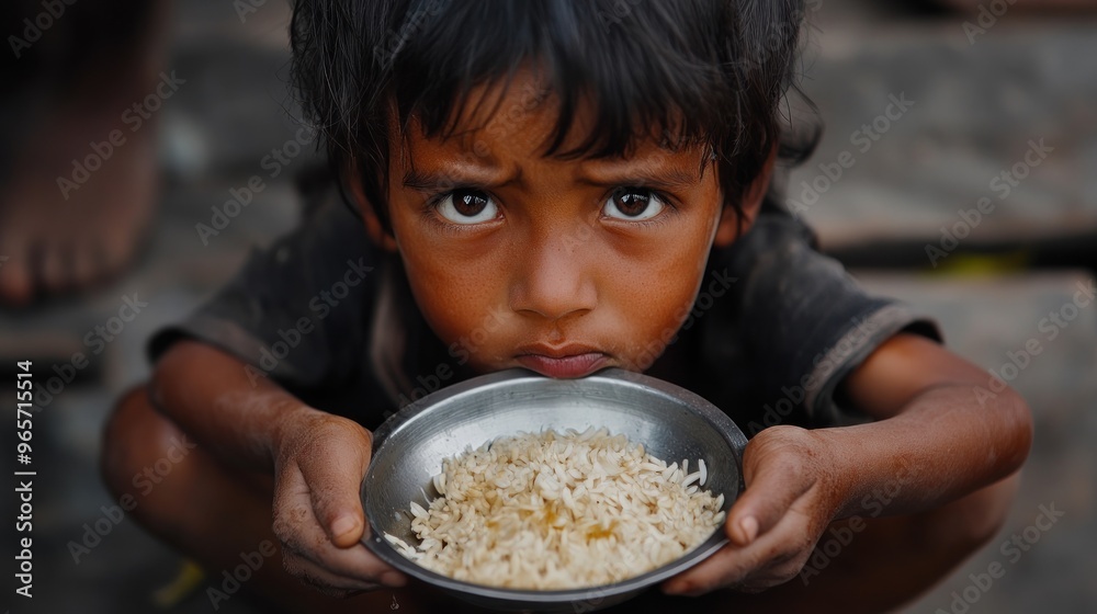 A picture of poverty of a child holding a plate of rice with a sad expression background AI generated image A picture of poverty of a child holding a plate of rice with a sad expression background AI generated image