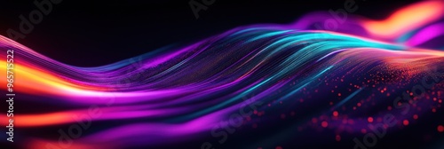 Abstract Blurred Wave with Intense Grain and Noise on Black Background, Featuring Retro Wave Aesthetics and Stippled Light Effects for a Highly Textured and Distorted Background Design