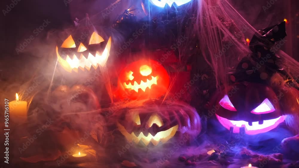 Carved pumpkins in a cobweb is a traditional Halloween decoration for the yard of a house, holiday background with pile of glowing lanterns. Carved pumpkins in a cobweb is a traditional Halloween decoration for the yard of a house, holiday background with pile of glowing lanterns.