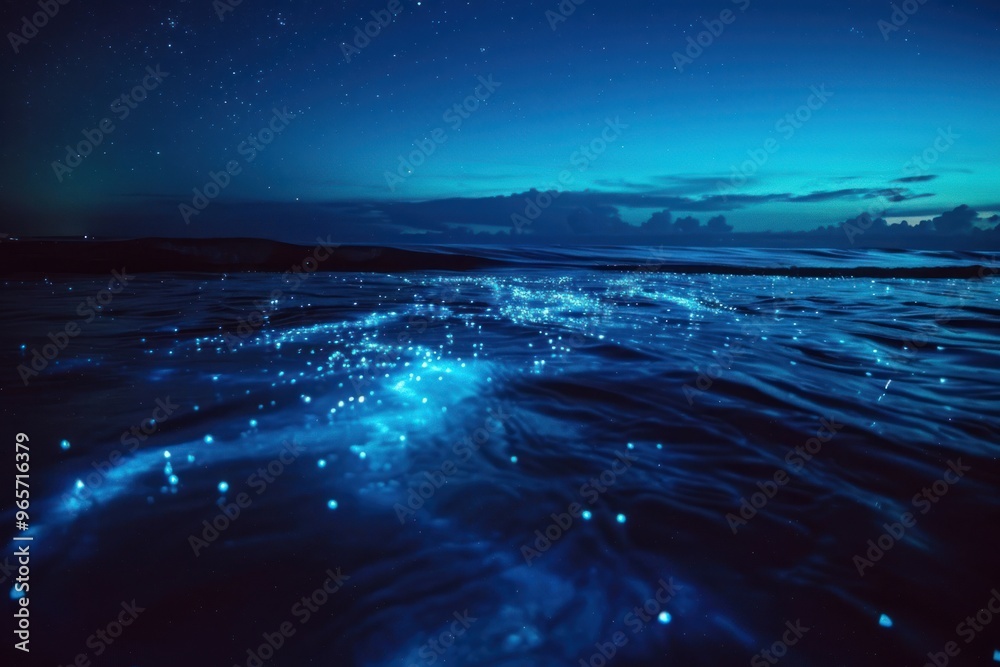 Fototapeta premium Bioluminescent ocean under starry sky