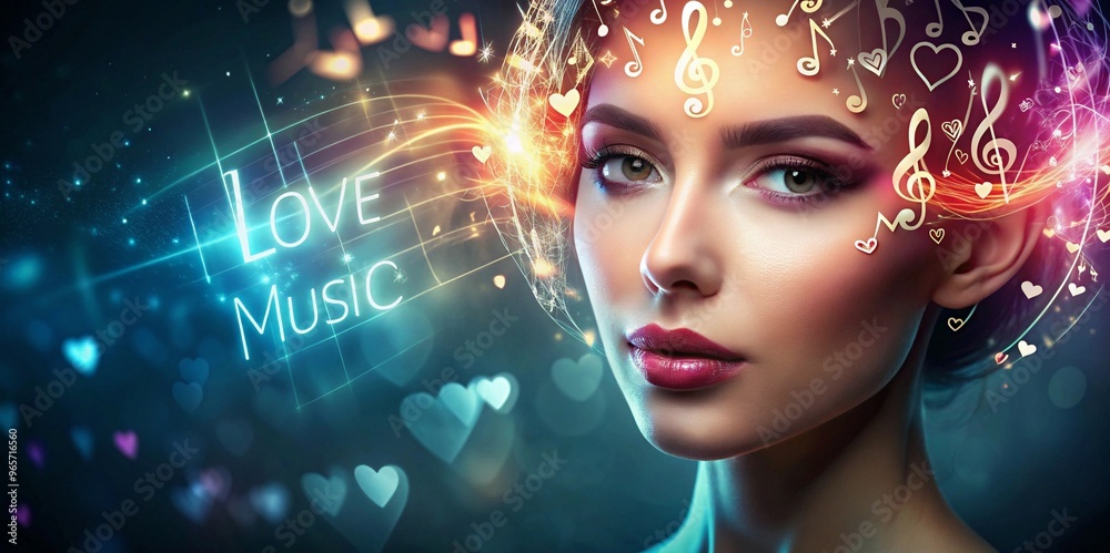 Love Music young woman with a captivating expression surrounded by floating musical notes and heart symbols creating an artistic representation of love and music evokes emotion passion and connection