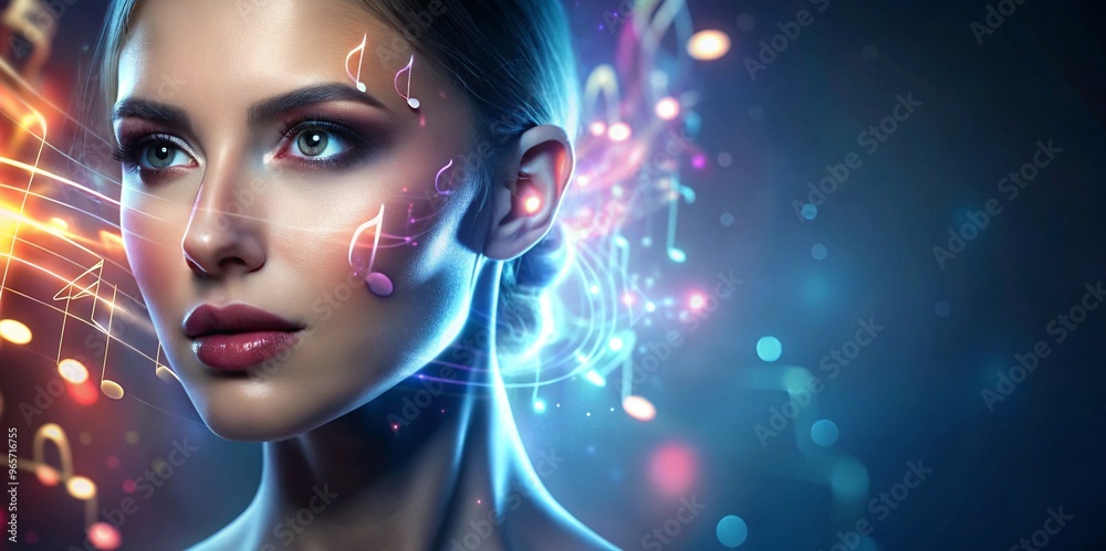 Young woman with serene expression adorned with flowing musical notes and vibrant lights in dark background, copy space Young woman with serene expression adorned with flowing musical notes and vibrant lights in dark background, copy space