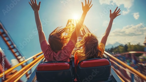 Two friends raising their arms on a thrilling roller coaster ride