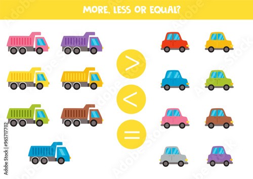More, less, equal with cartoon colourful trucks and cars. Colorful worksheet.