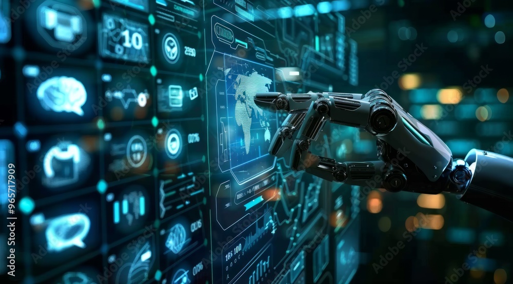 A robotic hand interacts with advanced digital displays in a futuristic data control room filled with complex information A robotic hand interacts with advanced digital displays in a futuristic data control room filled with complex information