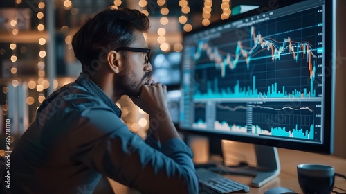 Investor Analyzing Financial Data and Market Trends on Computer Screen