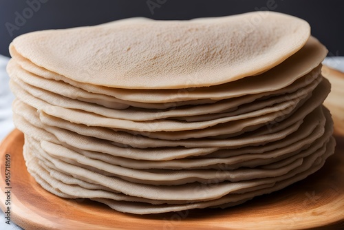 A stack of thin ethiopian injera bread with its spongy texture and slight sourness, AI Generated photo